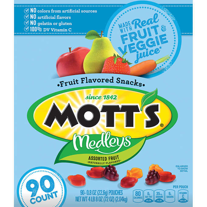 Frutas secas variadas, Mott's Medleys Fruit Snacks, Assorted Fruit, 0.8 oz, Caja 90 unidades