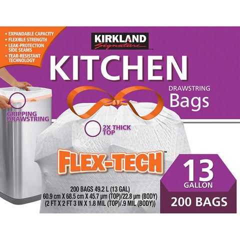 Bolsas para basura, Kirkland Signature Kitchen Drawstring Trash Bags, Flex-Tech, White, 13 Gallon, Caja 200 unidades