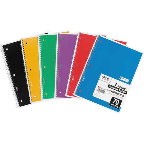 Cuaderno con espiral variados, Mead 1-Subject Spiral Notebook, College Ruled, Assorted Colors, 10-1/2" x 7-1/2", 70 Sheets, Paquete 12 unidades