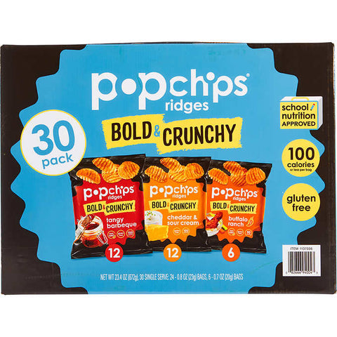 Chips ondulados variados, Popchips Potato Ridges, Variety Pack, 0.8 oz, Caja de 30 unidades