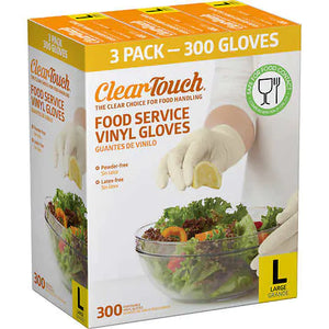 Guantes para manipulación de alimentos "grandes", Clear-Touch Food Service Vinyl Gloves, Grandes, Caja 300 unidades