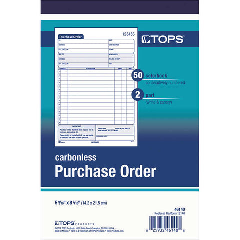 Formato para orden de compra, TOPS Carbonless 2-Part Purchase Order Book, 15 Lines, 5-9/16" x 8-7/16". Paquete de 50 unidades