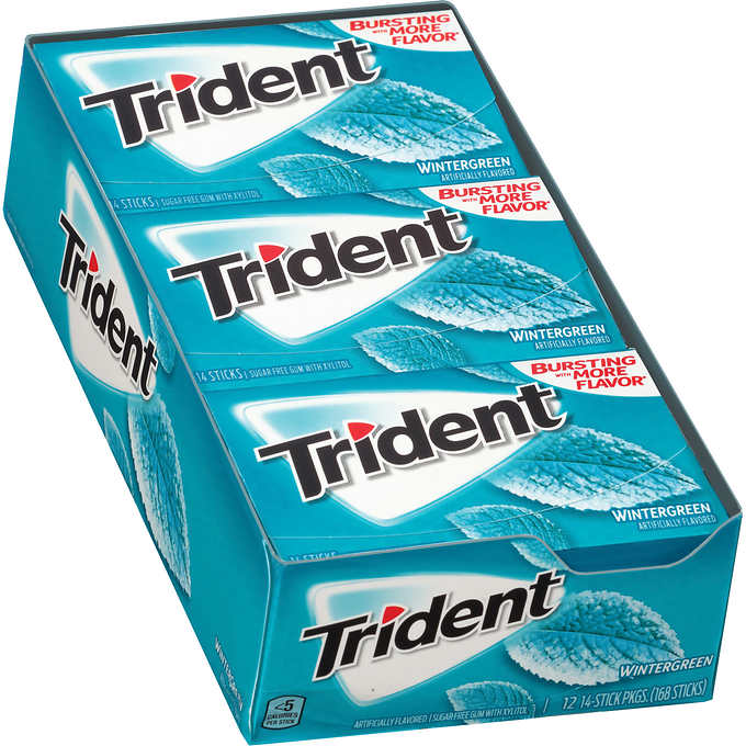 Chicle sabor a gaultería sin azúcar, Trident Sugar Free Gum, Wintergreen, 14 piezas, Caja 15 unidades