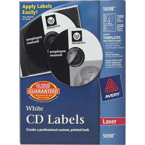 Etiquetas para Discos compactos, Avery CD Labels, Laser, White Matte, 100 Disc Labels and 200 Spine Labels