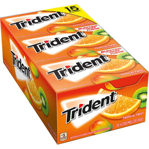 Chicle sabor a frutas tropicales sin azúcar, Trident Sugar Free Gum, Tropical Twist, 14 piezas, Caja 15 unidades