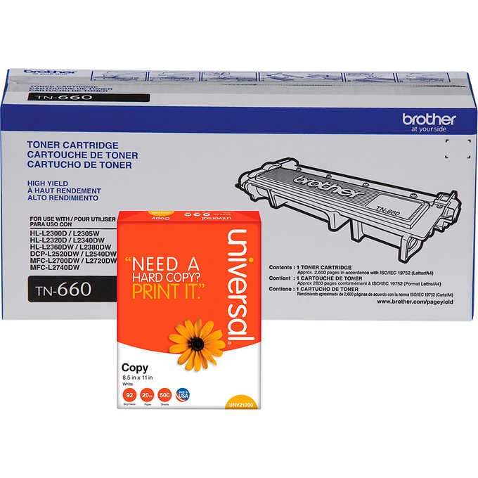 Cartucho tóner con resma de papel, Brother TN660 Toner Cartridge, High Yield, Black, 2 pk with Bonus Ream of Paper