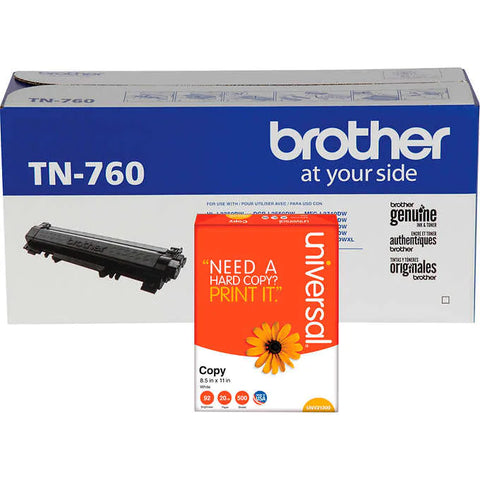 Cartucho tóner con resma de papel, Brother TN760 Toner Cartridge, High Yield, Black, 2 pk with Bonus Ream of Paper