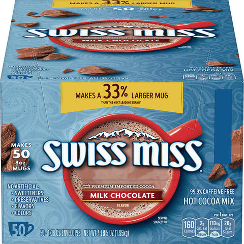 Chocolate con leche en sobres, Swiss Miss Hot Cocoa Mix, sobres  1.38 oz, Caja 50 unidades