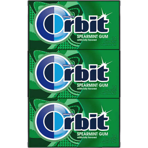 Chicle sabor a hierbabuena sin azúcar, Orbit Sugar Free Chewing Gum, Spearmint, 14 sticks, 14 piezas, Caja 15 unidades