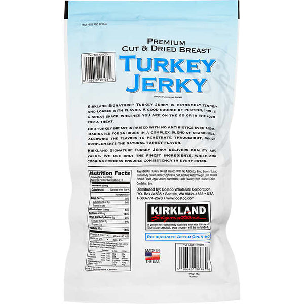 Bocadillo de carne de pavo seca, Kirkland Signature Turkey Jerky, Original, Bolsa 383 gr