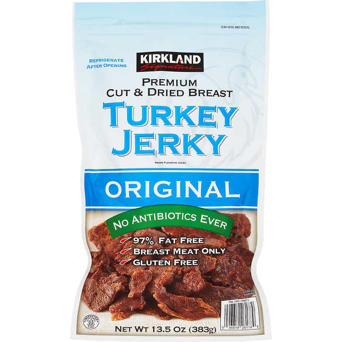 Bocadillo de carne de pavo seca, Kirkland Signature Turkey Jerky, Original, Bolsa 383 gr