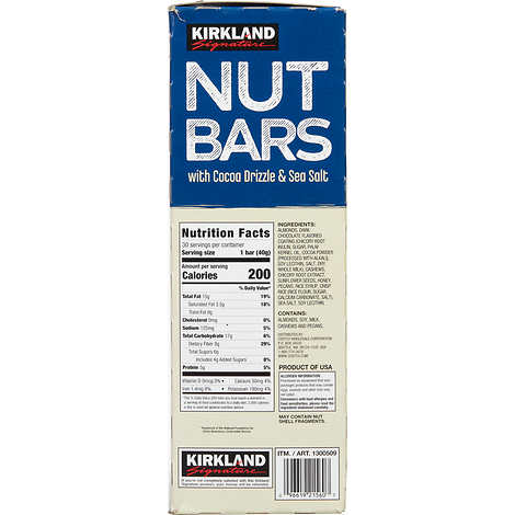 Barras de nueces, Kirkland Signature Nut Bars with Cocoa Drizzle & Sea Salt, 1.41 oz, Caja 30 unidades