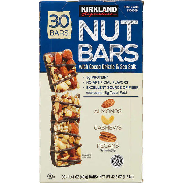 Barras de nueces, Kirkland Signature Nut Bars with Cocoa Drizzle & Sea Salt, 1.41 oz, Caja 30 unidades