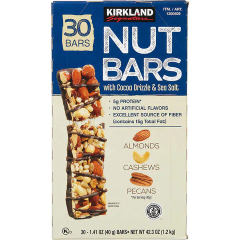 Barras de nueces, Kirkland Signature Nut Bars with Cocoa Drizzle & Sea Salt, 1.41 oz, Caja 30 unidades