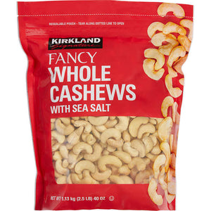 Merey entero con sal marina, Kirkland Signature Fancy Whole Cashews with Sea Salt, Bolsa 1.13 kg