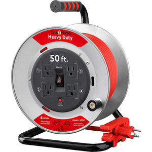 Protector tipo carrete de 4 tomas, Link2Home Heavy Duty Metal Cord Reel 50 ft Extension Cord, High Visibility, 4 Power Outlets
