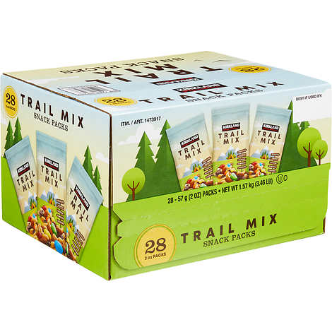 Mix de dulces y nueces, Kirkland Signature Trail Mix Snack Packs, 2 oz, Caja 28 unidades