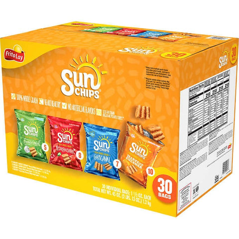 Chips variadas de grano entero, Sun Chips Whole Grain Snacks, Variety Pack, 1.5 oz, Caja de 30 unidades
