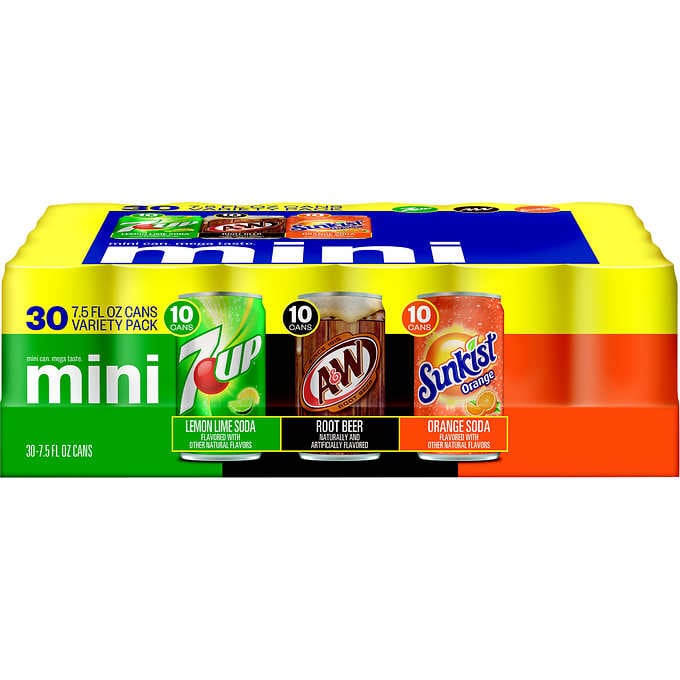 Refrescos variados, 7UP, A&W, Sunkist Mini Can Variety Pack, 7.5 fl oz, Caja de 30 unidades