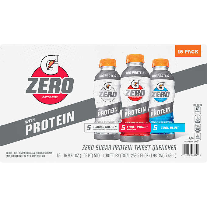 Bebida Deportiva sin azúcar y con proteína, Pack variado, Gatorade Zero Thirst Quencher with Protein, Variety Pack, 16.9 fl oz, Caja 15 unidades