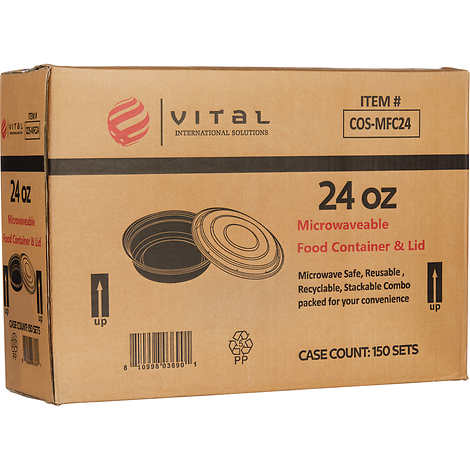 Envase plástico redondo para delivery, Vital International Solutions Round Container with Lid, 24 oz, Black, Caja 150 unidades