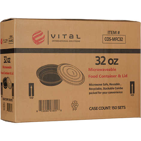 Envase plástico redondo para delivery, Vital International Solutions Round Container with Lid, 32 oz, Black, Caja 150 unidades