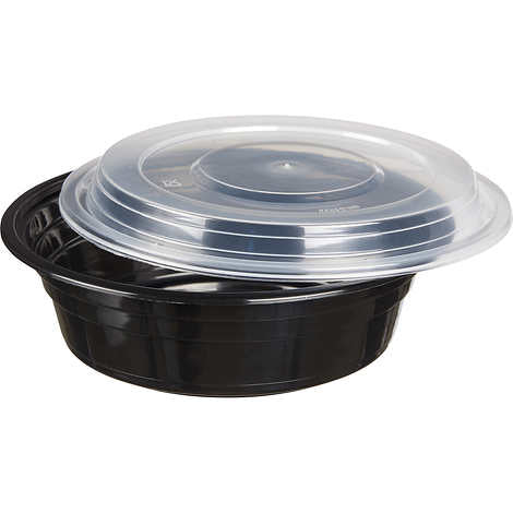 Envase plástico redondo para delivery, Vital International Solutions Round Container with Lid, 32 oz, Black, Caja 150 unidades