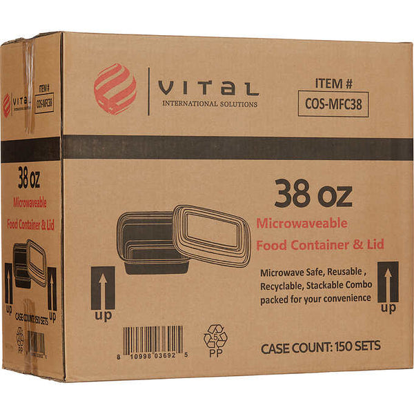 Envase plástico rectangular para delivery, Vital International Solutions Rectangle Container and Lid, 38 oz, Caja 150 unidades