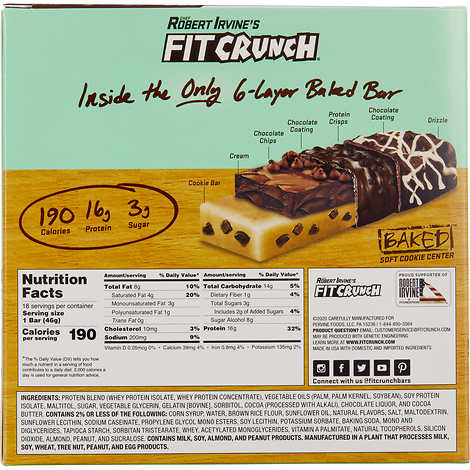 Barra de proteína sin gluten, Fit Crunch Whey Protein Bars, Mint Chocolate Chip, Caja 18 unidades