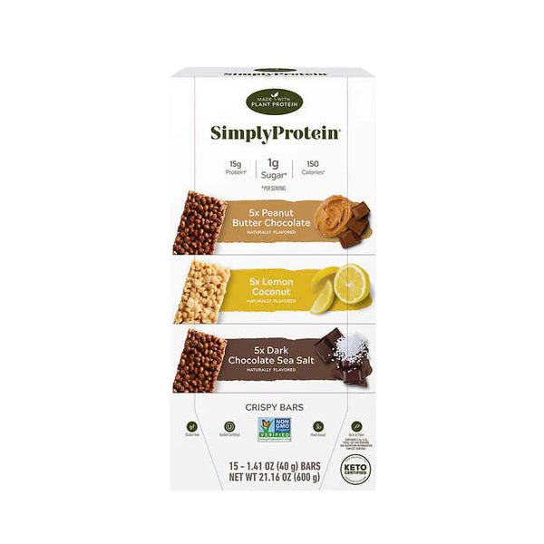 Barras de proteína Keto, SimplyProtein Crispy Bars, Variety Pack, 1.41 oz, Caja 15 unidades