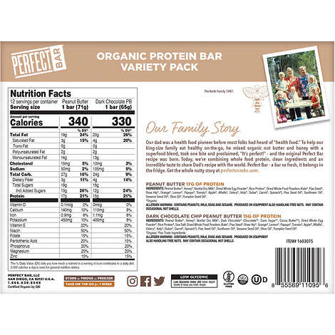 Barras de proteína variadas, Perfect Bar Refrigerated Organic Protein Bar, Variety Pack, Caja 12 unidades