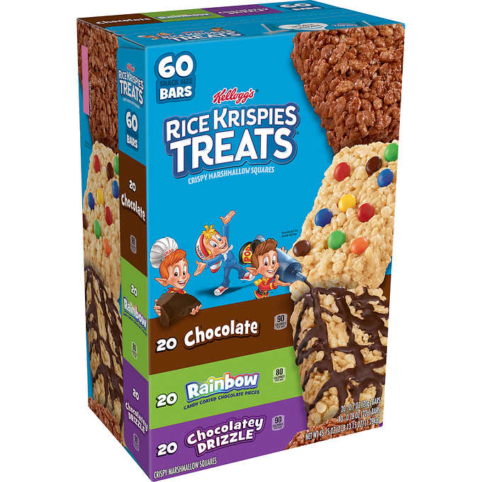 Barras de arroz tostado y malvavisco variadas, Kellogg's Rice Krispies Treats, Variety Pack, Caja 60 unidades