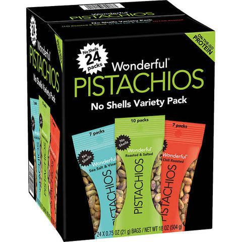 Pistacho variado, Wonderful Pistachios, No Shell, Variety Pack, 0.75 oz, Caja 24 unidades