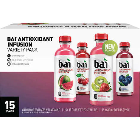 Infusión antioxidante, Bai Antioxidant Infusion, Hillside Variety Pack, 18 fl oz, Caja 15 unidades
