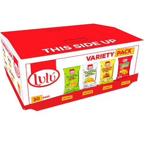 Chips de plátano variado, Lulu Plantain Chips, Variety Pack, 2.5 oz,, Caja 30 unidades