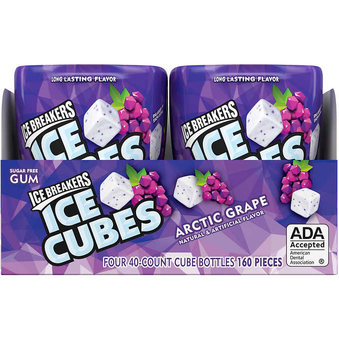 Chicle sabor a uva ártica sin azúcar, Ice Breakers Ice Cubes Sugar Free Gum, Arctic Grape, 40 piezas, Caja 4 unidades