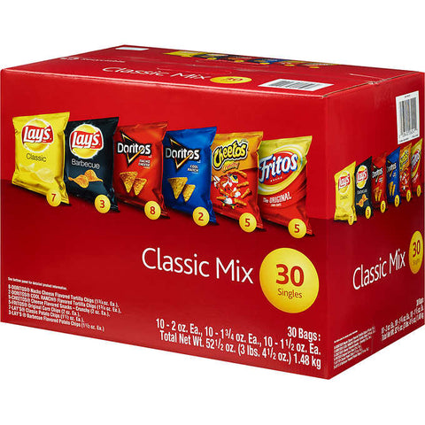 Chips clásicas variadas, Frito-Lay Classic Mix, Doritos, Cheetos, Fritos, Lay's, Caja 30 unidades