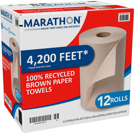 Rollo de toallas de papel, Marathon Recycled Dispenser Roll Towels, Non-perforated, 7.87" x 350', Brown, White, Caja 12 unidades