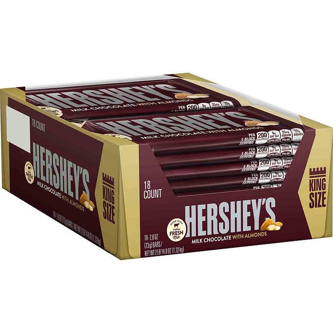 Chocolate con almendras Hershey's, Hershey's King Size, Milk Chocolate With Almonds, 2.6 oz, Caja 18 unidades