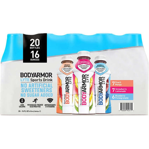 Bebida Deportiva sin azúcar BODYARMOR, Pack variado, BODYARMOR LYTE Sports Drink, Variety Pack, 16 fl oz, Caja 20 unidades