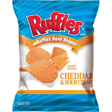 Chips Ruffles Queso cheddar y Crema Agria, Ruffles Potato Chips, Cheddar & Sour Cream, 1.5 oz, Caja 64 unidades