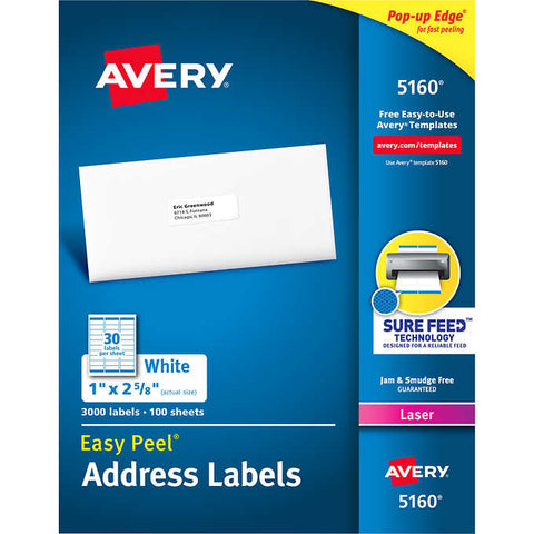 Etiquetas para envíos, Avery Easy Peel Address Labels with Sure Feed, Laser, White, 1" x 2-5/8", Caja 3000 unidades