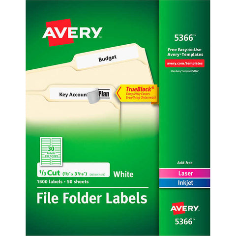 Etiquetas para carpetas, Avery TrueBlock File Folder Labels with Sure Feed, Laser/Inkjet, White, 2/3" x 3-7/16", Caja 1500 unidades