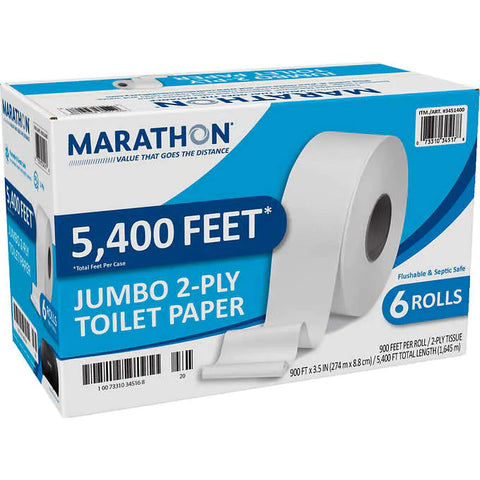 Papel para baño, Marathon Bath Tissue, Jumbo Roll, 2-Ply, 3.5" x 900', 6 unidades