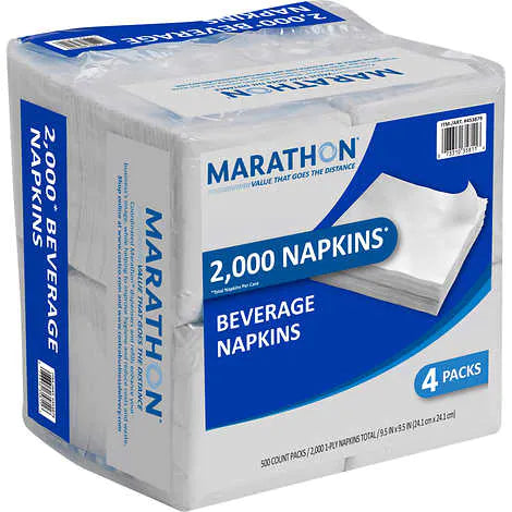 Servilletas, Marathon 1-Ply Beverage Paper Napkins, White, Caja 2000 unidades