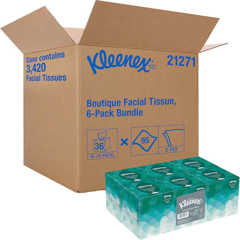 Toallas faciales, Kleenex Facial Tissue, 2-Ply, Flat Box, 95 toallas, Caja 6 unidades