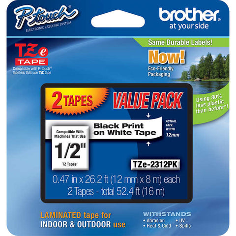 Etiquetas, Brother P-Touch TZE Label Tape, 1/2"W x 26-1/5'L, Black on White, Caja 2 unidades