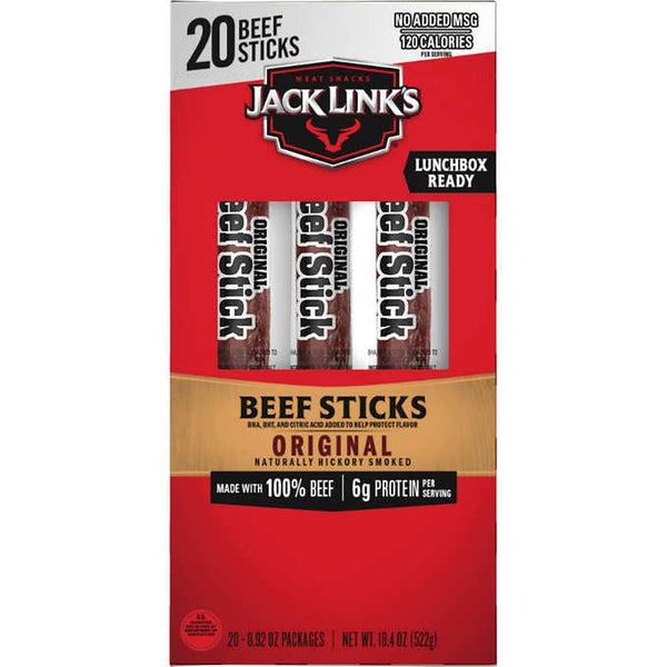 Bocadillo de carne de res, Jack Link's Beef Sticks, Original, 0.92 oz, Caja 20 unidades