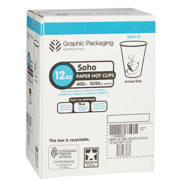 Vasos de papel. Con diseño SoHo. 12 oz. Caja 600 unidades