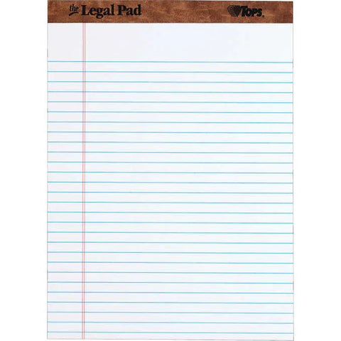 Cuadernillo, TOPS Legal Notepad, Legal Ruled, White, 8-1/2” x 11-3/4”, 50 Sheets, Paquete 12 unidades